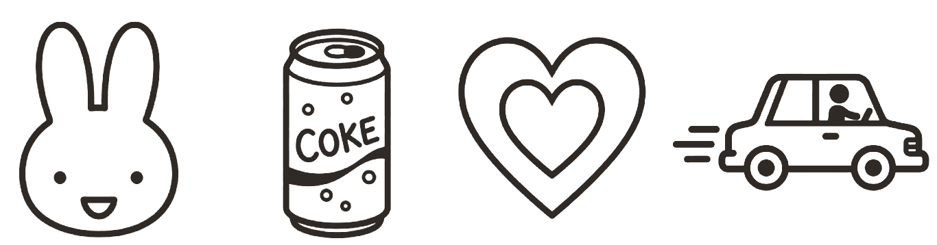A bunny, a can of Coke, a heart, and a car